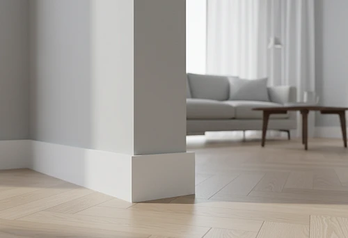 Polystyrene Floor Skirting Board in a Modern Light-Colored Living Room Interior