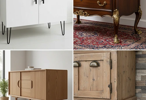 Comparison of furniture with different handles and legs &mdash; minimalist, classic, and vintage furniture supports and face fittings that shape the style of the furniture body