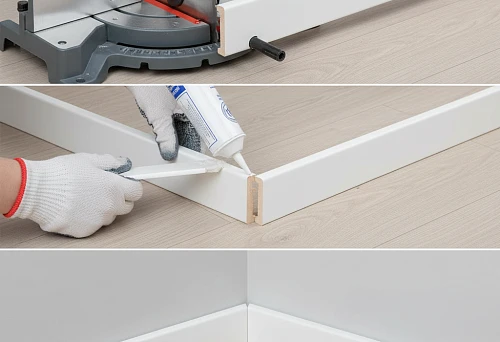 Step-by-step joining and connecting of polystyrene skirting boards: cutting at an angle, applying adhesive, and final installation of elements in a room corner