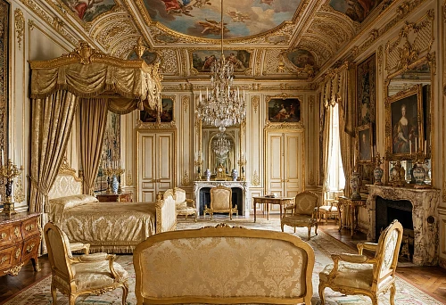 Luxurious Baroque interior with gilded furniture, canopy, ceiling frescoes, crystal chandelier, and marble fireplace