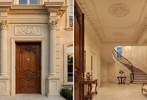 Polyurethane facade decor around the entrance group: portal, columns, and cornice