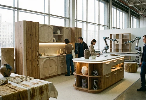 Cabinet furniture exhibition 2026: modern kitchen with a wooden island, visitors and production technology demonstration