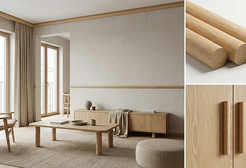 Round wooden molding 50 mm in the interior: wall handrail and wooden elements in a single tone, bright living room with windows.