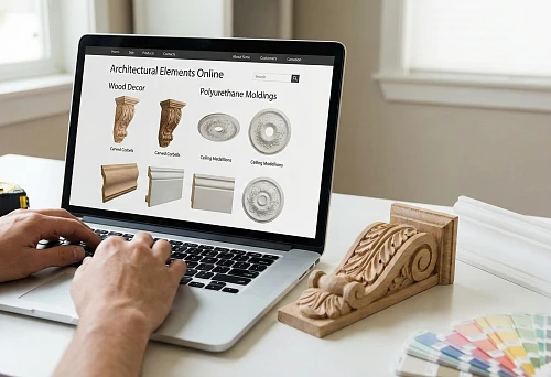 Online decor selection: wooden brackets and polyurethane rosettes on the catalog screen