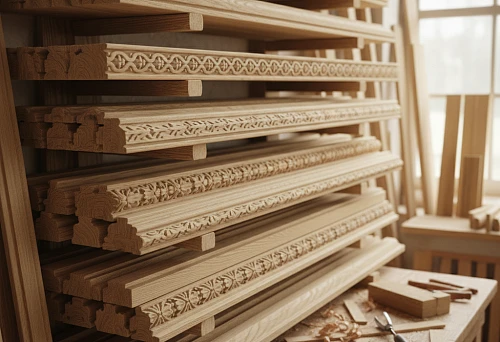 Carved wooden molding on shelves in the workshop