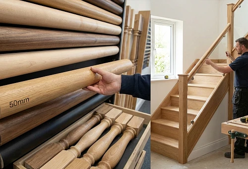 Round railings 50 mm in a set: choosing a handrail by wood type on a stand, balusters and profile samples visible
