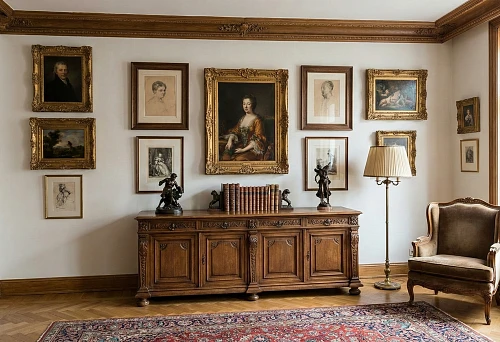 Art styling: paintings in gold frames and baguette molding coordinated with solid wood furniture