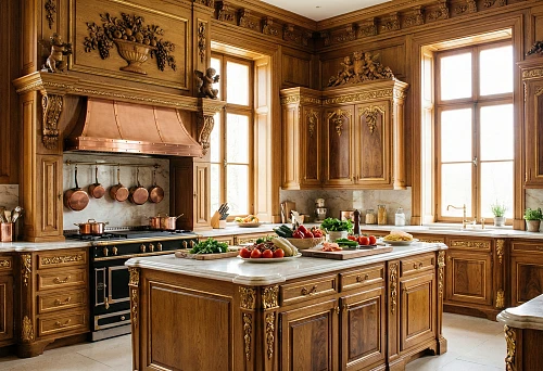 Classic kitchen with carved wooden decor and gilding &mdash; cooking like in Versailles