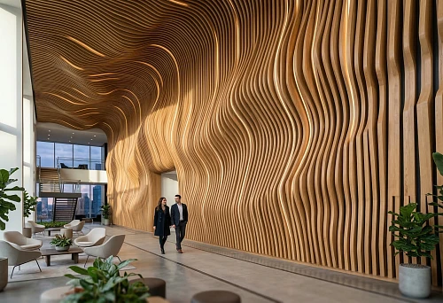 3D slatted panels in a modern interior with a wavy wooden relief, a high wall, and expressive architectural plasticity