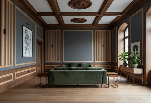 Interior with wooden moldings, baseboards, and battens, designed in a mixed classic and modern style, with an emphasis on natural wood as a replacement for polyurethane trim.