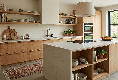 Modern Kitchen with Wooden Fronts, Island with Stone Countertop, Open Shelves, Built-in Appliances, and Large Window