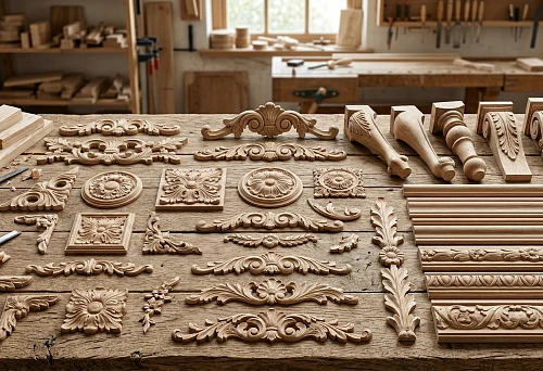 Decorative wooden elements for moldings and furniture: carved overlays, rosettes and friezes on the workbench