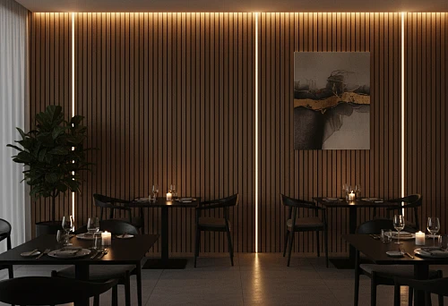 Restaurant interior with warm lighting and wooden slats on the wall, selected with uniform spacing and precise fastener fitting