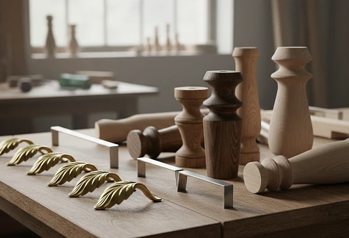 decorative furniture handles and turned supports on a wooden table