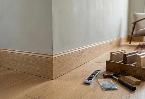 Wide solid wood baseboard along the wall, modern minimalist interior