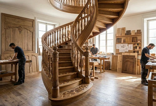 Wooden Interior Decor: Ready-Made Spiral Staircase Frame, Fitting Steps and Railings, Neat Sanding of Parts Before Finishing