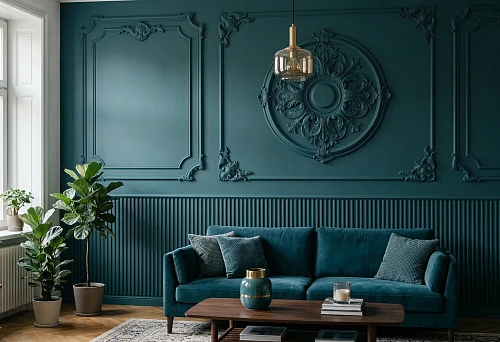 Living room interior with painting-ready slatted panels and polyurethane decorative elements in a single deep blue color