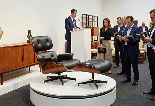 Collectible armchair with ottoman on a podium: an example of investment furniture and designer classics