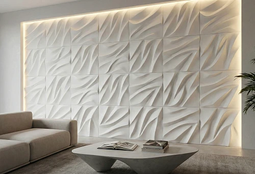 volumetric 3D wall panels with lighting in a modern living room interior
