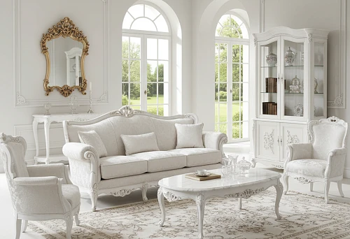 White classic furniture in a bright living room with carved decoration