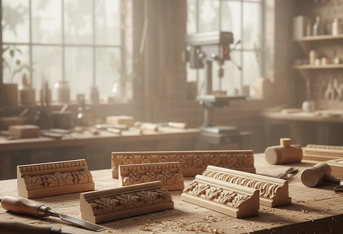 Carved wooden furniture moldings on the master's workbench