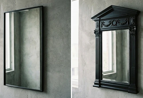 Wall mirror in a black frame: a thin minimalist profile on the left, a neoclassical portal frame with a cornice and decorative elements on a concrete wall on the right