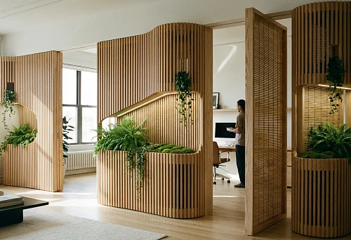 Modern Slatted Partition 2026 with Integrated Planters and Hanging Plants in an Open Office Space