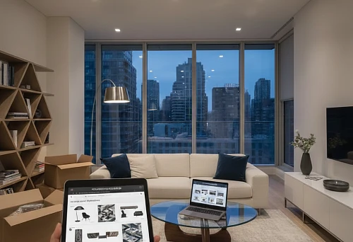 Modern living room with panoramic windows: online shopping on a tablet, selection of polyurethane moldings and furniture for the interior