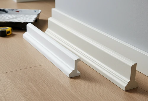 Comparison of Polystyrene, Duropolymer and MDF Baseboards on Wooden Floor in Interior
