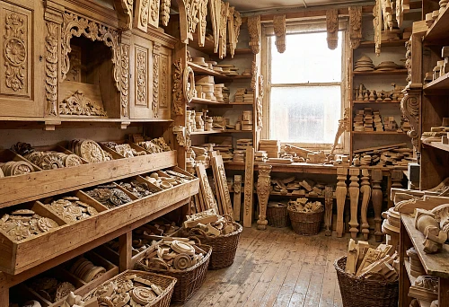 Workshop of carved decor: overlays, rosettes and wooden elements for furniture on shelves