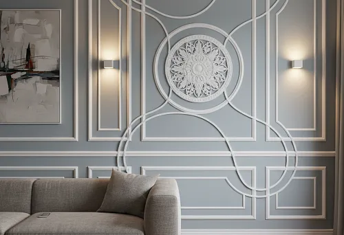 Polystyrene wall molding with round elements and a decorative rosette in a modern interior