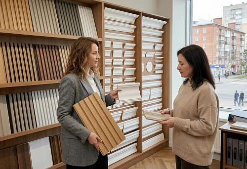 Slatted panels and decorative polyurethane elements at the interior salon in Kursk