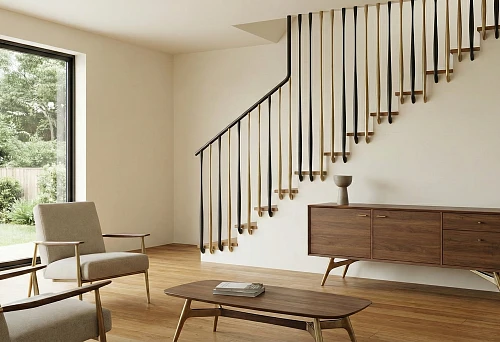 Modern living room with a staircase and designer black-and-gold balusters