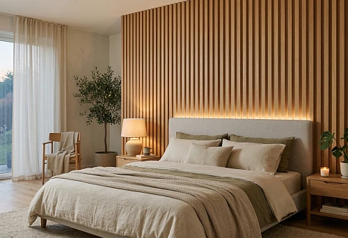 Slat panels in the bedroom interior behind the headboard with soft warm lighting