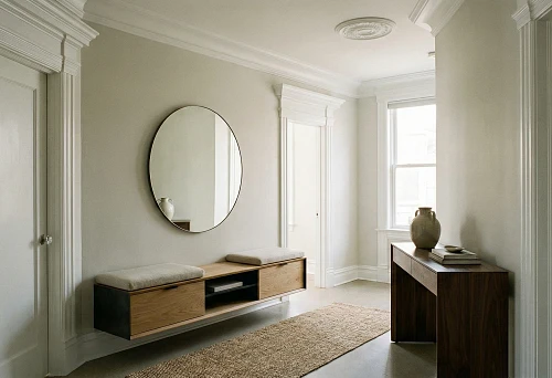 Modern hallway furniture and polyurethane molding for doorways in a light interior