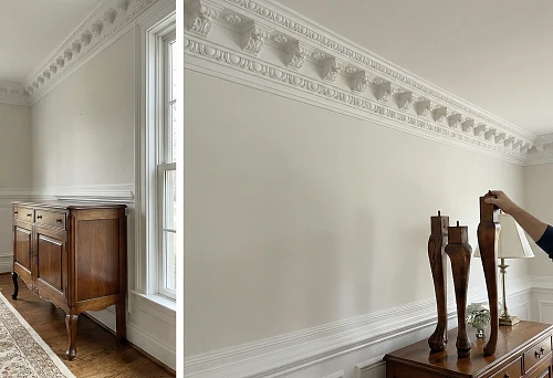 Selecting furniture legs based on the height of the molding run: a dresser under a ceiling cornice made of molding, a craftsman compares different leg options in an interior with classic trim