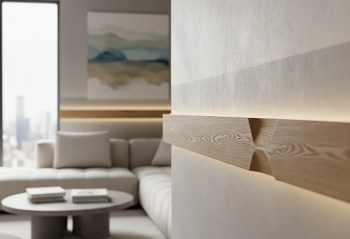 Wooden wall border with soft lighting, installed on a light wall in a modern living room interior