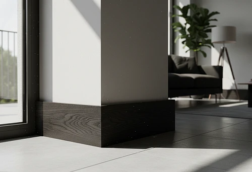 Wide dark oak wooden skirting board along a wall with a panoramic window in a modern interior, creating an 'expensive walls' effect and emphasizing the room's geometry
