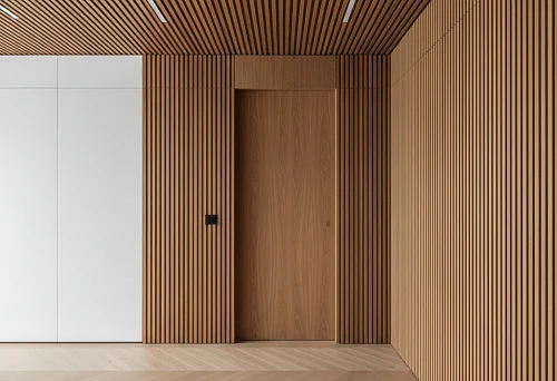 Interior with Wooden Slats Unifying the Door, Walls, and Ceiling into a Single Architectural System