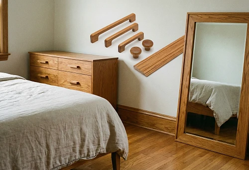 Wooden furniture handles, wooden skirting board, and bedroom mirror frame &mdash; a set of elements in a unified wood tone for interior design