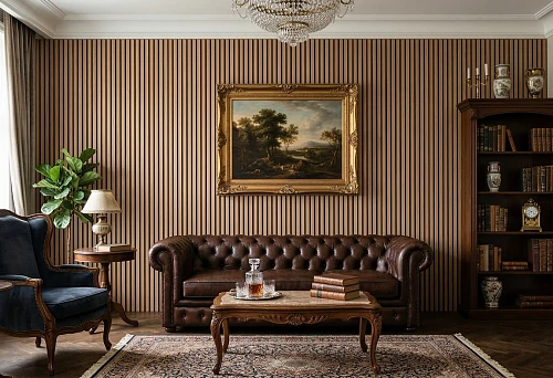 Slat panels in the living room interior and classic furniture with a leather sofa, library, and painting in a gold frame