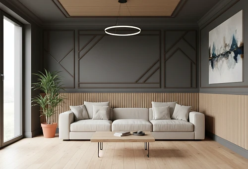 Modern interior with decorative battens, bars, and moldings creating textured walls and ceilings in a unified geometric composition