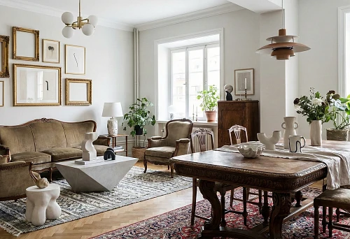 Living-Dining Room with Classic Furniture, Carved Dining Table, Vintage Chairs, Rugs, and Gallery Wall in Frames