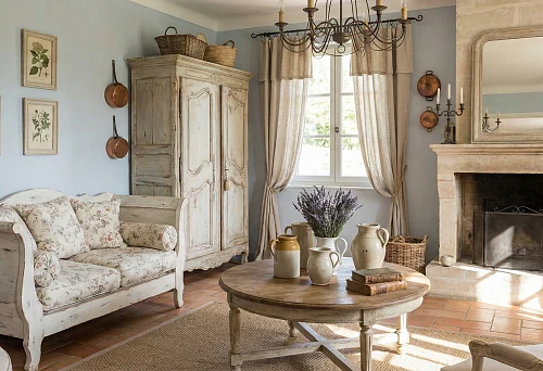 Furniture in Provence style: whitewashed wooden sofa with floral pillows in a cozy living room