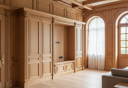Interior with Premium Oak Molding: Decorative Panels, Columns, Door Portals, and Furniture Structures, All Crafted in a Unified Classic Style from Natural Wood.