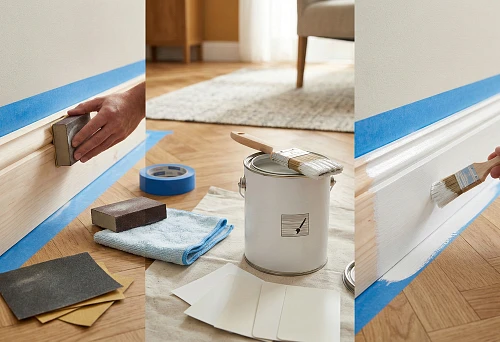 Preparing a wooden baseboard for painting: sanding the surface with an abrasive sponge along the wall