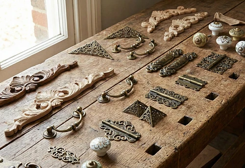 Furniture decorations: carved wooden overlays and decorative elements on a carpenter's workbench by the window