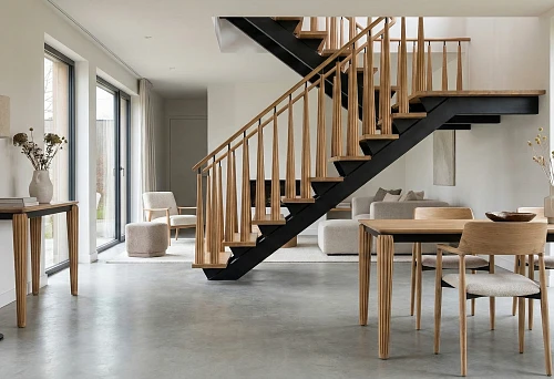 Interior with a Unified Concept of Balusters and Furniture Legs 2026 in a Light Space