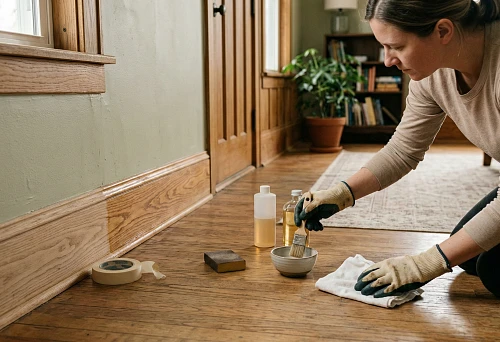Caring for a wooden baseboard: cleaning and refreshing the coating with a brush along the wall on a wooden floor