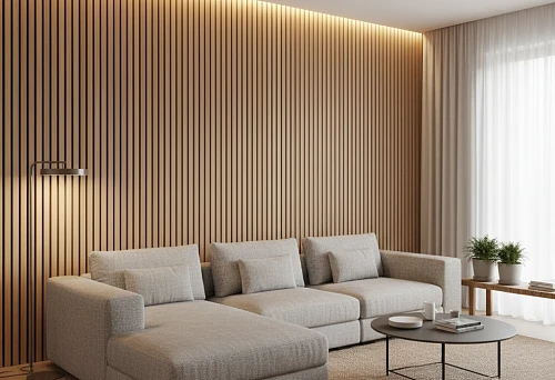 Interior with an accent wall made of wooden slats and soft lighting